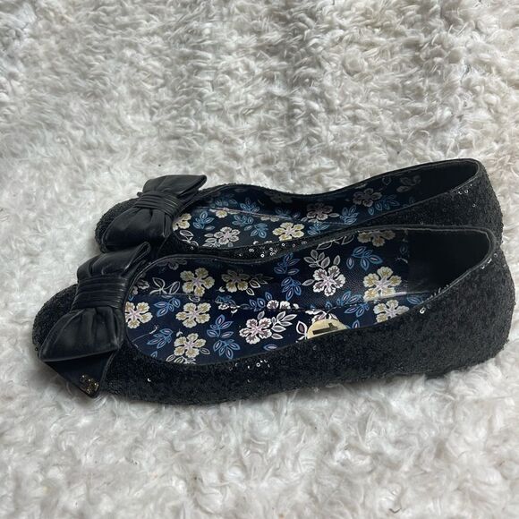 Tory Burch Divine Bow  black Sequin Leather Flats with front bow accent Size 11 - Picture 2 of 10